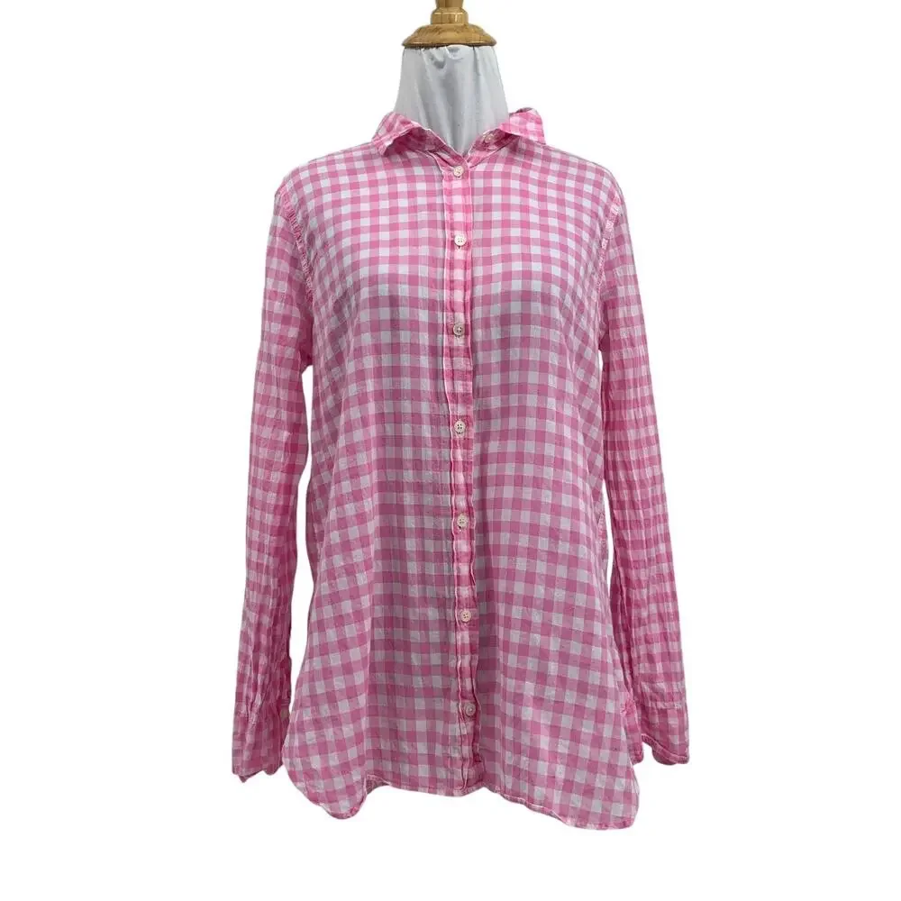 J Crew Shirt Womens 6 Pink White Boy Gingham Check Button Up Long Sleeve Top